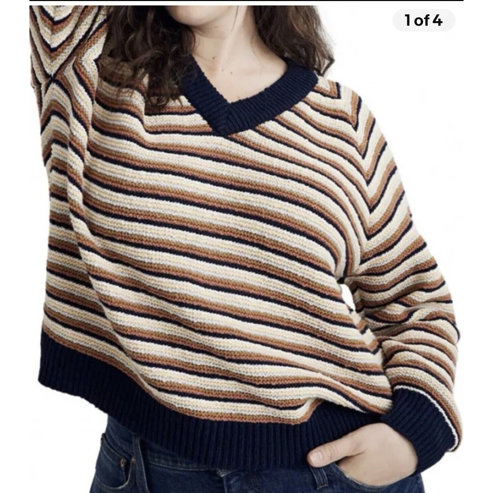 Madewell Arden V-Neck Crop‎ Pullover Sweater in Stripe Women Multi Size S